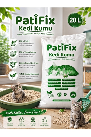 Patifix 20 Lt %99 Tozsuz Ince Taneli Süper Topaklanan Beyaz Bentonit Kedi Kumu Kokusuz Organik Kedi Kumu
