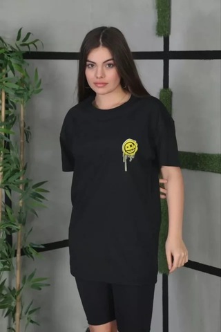 Periliçekeçe Unisex Bisiklet Yaka Baskılı Oversize T-shirt - Siyah Periliçekeçe Unisex Bisiklet Yaka Baskılı Oversize T-shirt - Siyah