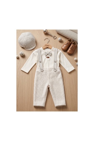 Deniva Kids Bebek Bej Askılı Pantolon Fiyonklu Body Ve Kasket Şapkalı 3'lü Takım Doğum Günü Ve Özel Gün Seti
