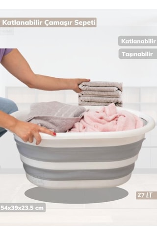 Çamaşır Sepeti Katlanır Sele Silikon Sepet Küçük Boy 27 Lt. Beyaz Gri