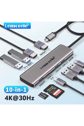 Lemorele 10'un 1'i Çoğaltıcı Hub Usb 3.0/hdmı/100w/type-c/sd/tf