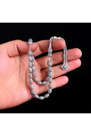 Tesbihsepetim Tamamı 925 Ayar Gümüş Arpa Kesim Tesbih Gri