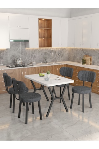 Azra 70x110cm Beyaz Mutfak Masası, Mutfak Masası Takımı, Yemek Masası, 4 Antrasit Sandalye Antrasit