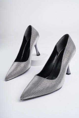 Muggo Yowel Garantili Sivri Burun Kadın Topuklu Stiletto Ayakkabı Platın