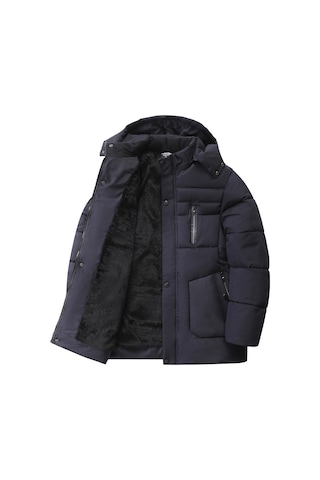 Erkekler İçin Yeni Kışlık İş Stili Polar Astarlı Pamuklu Ceket, Sıcak Dış Giyim, Çıkarılabilir Kapüşonlu Kalınlaştırılmış Erkek Pamuklu Dolgulu Ceket Koyu Mavi