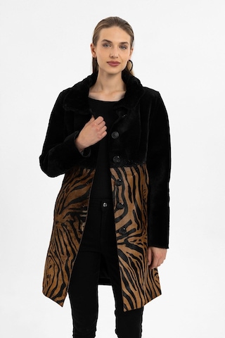 Jade Siyah Ve Leopar Desenli Kadın Hakiki Deri Kaban-siyah Siyah