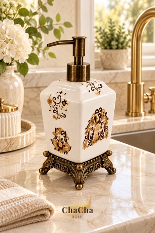 Chacha Home Aurelia Seramik Sıvı Sabunluk 470 Ml Antik Bronz Görünümlü Ayaklı Ve Pompalı 22 Cm Bej - Krem