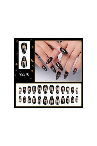 Yeni Tatlı Ve Havalı Siyah Yıldız Ay Badem Şeklinde Takılabilir Tırnak 24 Parça Çıkarılabilir Premium Siyah Altın Tırnak Sanatı Aletler Dahil Ys570