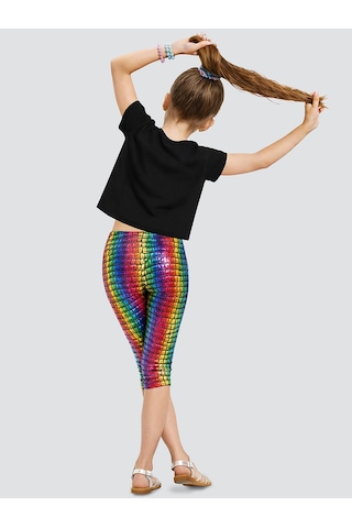Denokids Renkli Varak Kız Çocuk Crop T-shirt Tayt Takım Çok Renkli