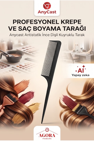 Anycast Profesyonel Krepe Ve Saç Boyama Tarağı, Antistatik İnce Dişli Kuyruklu Tarak Saç Tarağı
