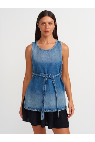 Dilvin İnce Kemerli Denim Bluz Mavi