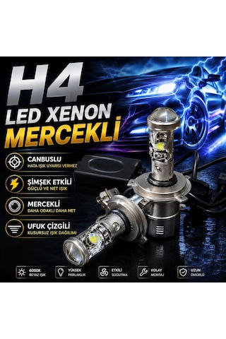 Mercekli H4 Beyaz Led Xenon-ufuk Çizgisi+şimşek Etkili+canbuslı Led Xenon