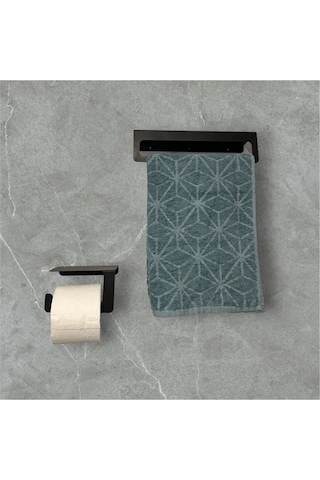 Dione Store 2li Banyo Seti, Metal Havlu Tutucu Ve Tuvalet Kağıtlığı, Havluluk, Tuvalet Kağıdı Tutucu Siyah