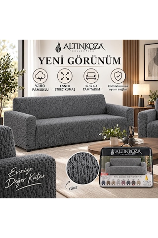 Altınkoza Koltuk Örtüsü - 3+3+1+1 Takım -%100 Pamuklu Esnek Streç Kumaş - Her Tip Kanepeye Uyumlu - Salon Oturma Grubu Koruyucu Kılıf - Yumuşak Dokulu Şık Ve Kullanışlı - Taş Çok Renkli