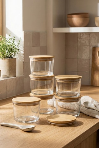 Vetro - 6'lı Ahşap Vakum Kapaklı Cam Saklama Kabı 220 Cc Bambu