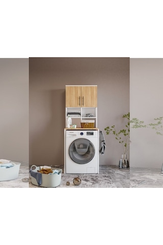 Bone 2 Kapaklı 7 Bölmeli Çamaşır Makinası Dolabı Beyaz