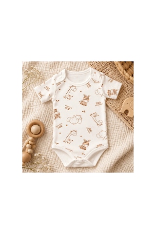 Cantaz Unisex Bebek Safari Hayvan Desenli %100 Pamuk Kısa Kollu Çıtçıtlı Body Zıbın Krem