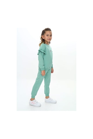 Toontoy Kids Kız Çocuk 2'li Takım Baskılı Bisiklet Yaka Reglan Kol Fırfırlı Sweatshirt & Beli Paçası Lastikli Cepli Jogger Eşofman Altı - 2 İplik Yeşil