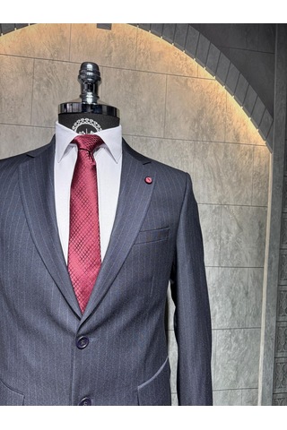 Dupont Classics Dupont Erkek Slim Fit 6 Drop Çizgili Viskon Mono Yaka Çift Düğme Çift Yırtmaç 2 Li Takım Elbise Lacivert