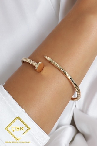 Taşlı Çivi Altın Kaburga Kelepçe Bilezik