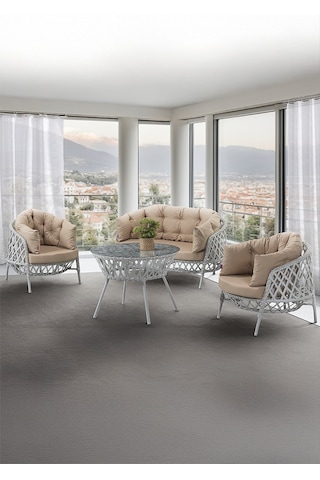 Viola Serisi 1. Sınıf 2+1+1 Beyaz Rattan Cappucino Minder Bahçe Balkon Oturma Koltuk Takımı