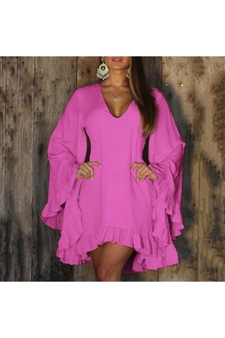 Novahub Kadın V Yaka Alevlendi Uzun Kollu Mini Elbise Koyu Pembe Düzenli Fırfır Etek Rahat Tatil Elbisesi Koyu Pembe