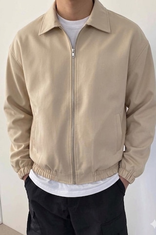 Tarz Cool Erkek Oversize Bomber Ceket Fermuarlı Basic Günlük Şık Mont Bej
