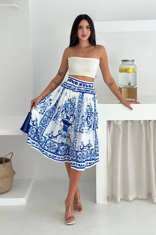 İthal Krep Kumaş Desenli Etek Mavi Mavi