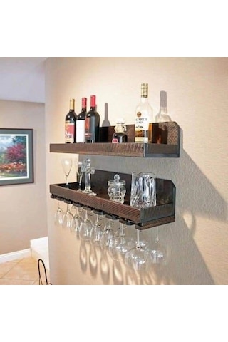 Masif Ahşap Çok Amaçlı Bar Duvar Rafı Ceviz