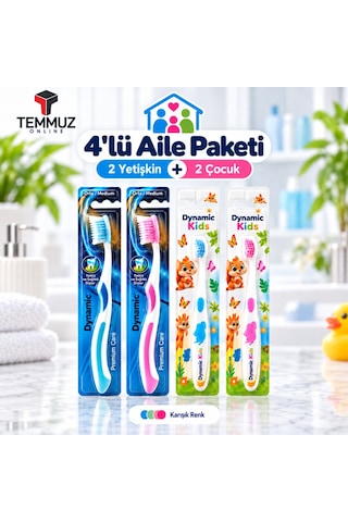 Dynamic Aile Paketi Diş Fırçası Seti 4 Adet 2 Yetişkin Medium + 2 Çocuk Extra Soft Karışık Renk