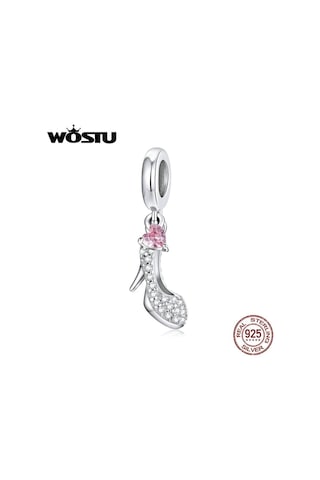 Wostu Parlak Cam Terlik 925 Ayar Gümüş Topuklu Pembe Kalp Zirkon Kolye Charm Fit Orijinal Bilezik Takı Gümüş