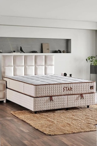 Star Yatak Seti 180x200 Cm Çift Kişilik Yaylı Sert Ortopedik Yatak Krem Keten Lüks Baza Başlık Takım
