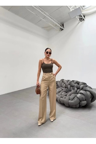 Defymoda Trio Arka Bel Lasti K Detayli Palazzo Pantolon Vizon
