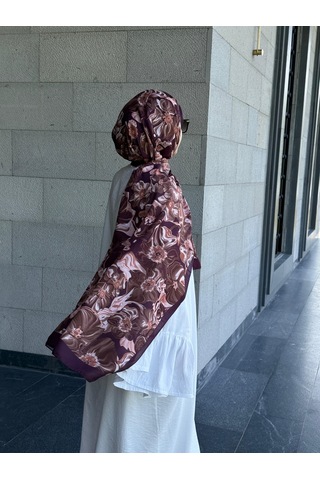 Qalortex Scarf Pamuklu Mimoza Desen Şal- Mürdüm