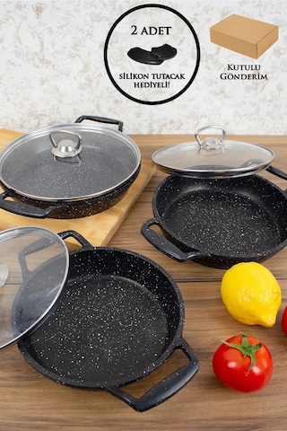 Esivitalia 6'lı Granit Sahan Seti Cam Kapaklı Döküm Siyah 18-20-22 Cm Esivitalia 6'lı Granit Sahan Seti Cam Kapaklı Döküm Siyah 18-20-22 Cm
