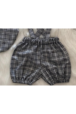 Eylülce Butik Gri Ekoseli Çocuk Askılı Şort Salopet & Ressam Şapkası & Papyon Takım- Pasta Patlatma-doğum Günü