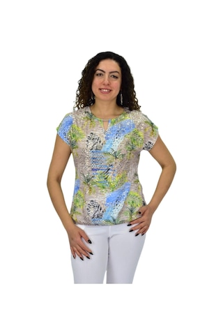 Kadın Kısa Kol Baskılı Bluz Bgl-st04690 Bej