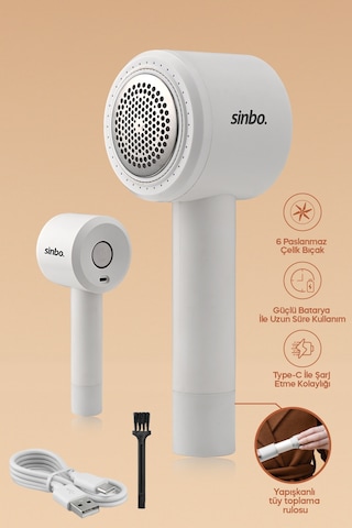 Sinbo Ss-4076 Şarjlı Tiftik Temizleyici Beyaz 6 Paslanmaz Çelik Bıçaklı, Type-c Şarjlı, Yapışkanlı Roller Başlıklı Beyaz