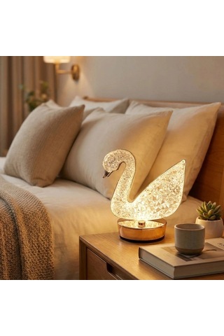 Kuğu Model Kristal Led Masa Lambası Dokunmatik, 3 Renk Işık Modlu, Şarjlı Mini Dekoratif Gece Lambası 5047 10 Parça Siyah