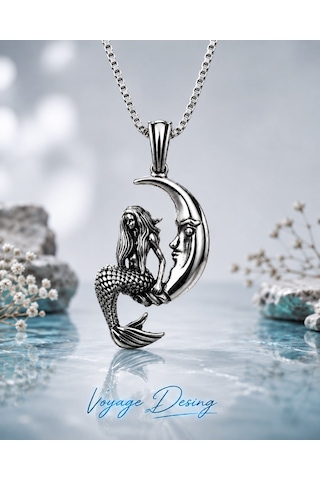 Paslanmaz Çelik Ay Ve Deniz Kızı Temalı Kolye /moon Mermaid Deniz Kızı Kolye