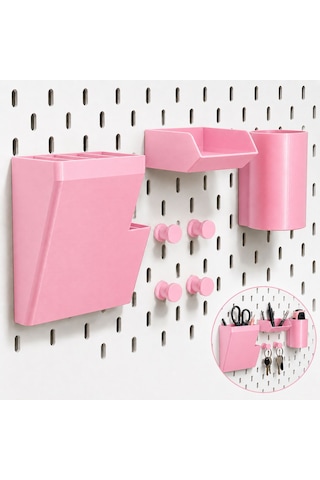 Pegboard Duvar Düzenleyici Organizer Seti Kalemlik, Çok Amaçlı Kutu, Mini Raf Ve Askılık Modüllü Modüler Duvar Organizasyon Sistemi 124-Pembe