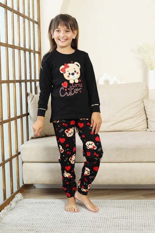 Kız Çocuk Ayıcık Baskılı %100 Pamuk İnterlok Kumaş Pijama Takımı 12347 Siyah