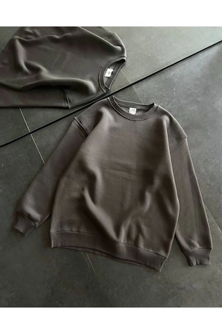 Mbb E-ticaret Kadın Bisiklet Yaka 3 İplik Pamuklu Basic Sweatshirt - Füme