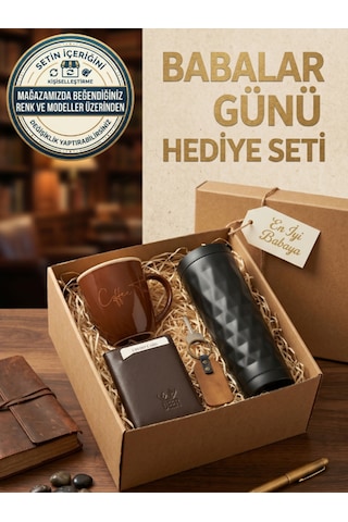 Deerderi Hakiki Deri El İşçiliği Mekanizmalı Cüzdan, Anahtarlık, Kupa, Termos Seti Babalar Günü Hediyesi Kahverengi