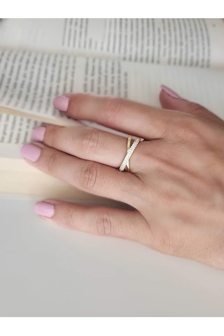 Çapraz X Model Zirkon Taşlı Ayarlanabilir Gold Altın Renkli Yüzük Gold