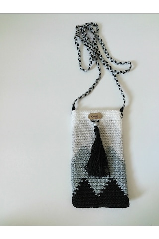 Kemzey Handmade Wayuu Telefon Çantası, El Yapımı Örgü Telefon Çantası Siyah - Beyaz