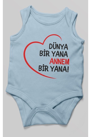 Morivokids Dünya Bir Yana Annem Bir Yana Sıfır Kollu Bebek Zıbını %100 Pamuk Bebe Mavisi