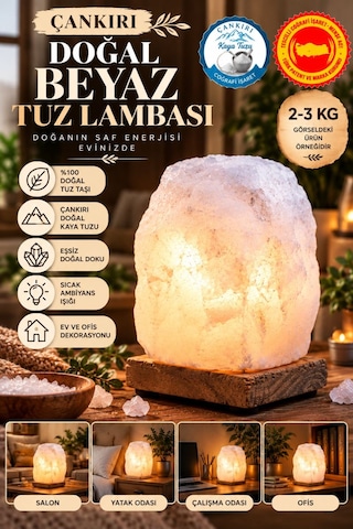 Çankırı 2-3 Kg Beyaz Doğal Kaya Tuzu Lambası Ahşap Kaideli Dekoratif Lamba