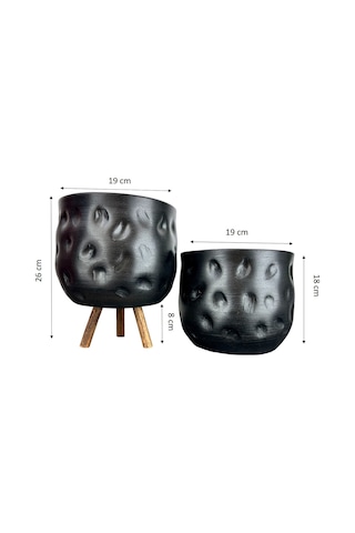 Bitki Tasarımı Ev Dekorasyon Aksesuar Siyah Desenli Toprak Saksı Saksılık Salon Çiçeklik İkili Set Ayaksız - 3 Ayaklı- 19 CM