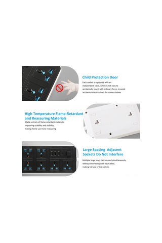 Youmex Eu Standart 220-240v 6 Soket + 3 Usb + 1 Type-c Farklı Anahtarlı Çok Fonksiyonlu Prizi, 2 Metre Kablolu, Siyah Beyaz